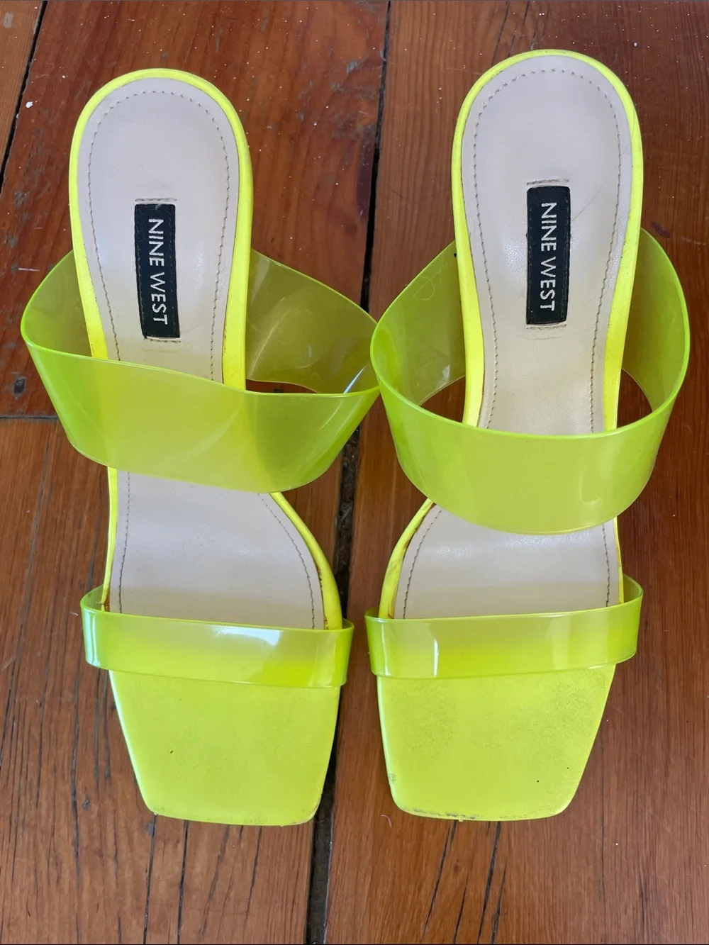 Nine West Neon Yellow Clear Strap Slide Heels